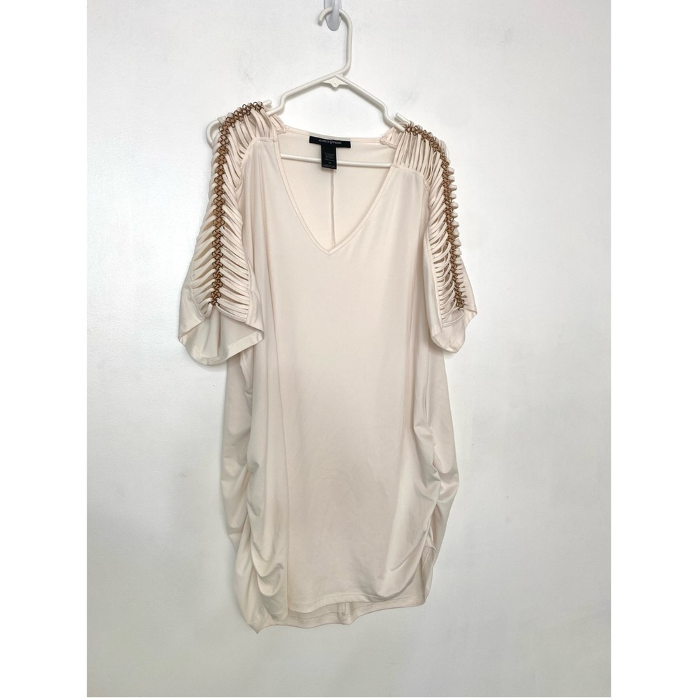 Ashley Stewart White Tunic Top W/ Side Ruching & Gold Shoulder Chains Accents